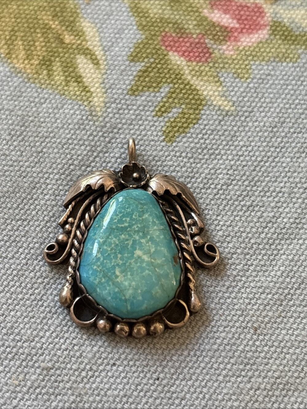 Vintage Native Navajo Sterling Silver Blue Turquoise Pendant
